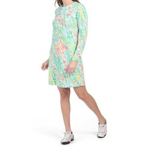 IBKUL Cat Cay Zip Crew Neck Dress Seafoam Multi Long Sleeve Golf UPF 50 Sz M